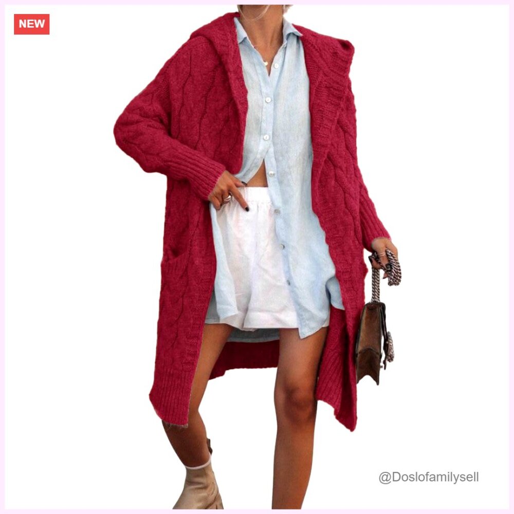 Oversized Cable Knit Hooded Cardigan Sweater Trench Coat Slouchy Open Front